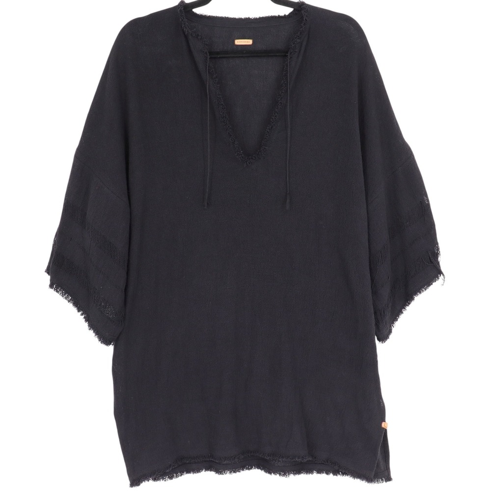 Caravana Womens Black Cotton Gauze Cover Up V-Neck Kaftan Tunic Top One Size